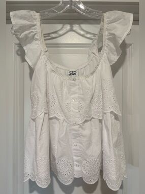 Planet Heart White Eyelet Flutter-Sleeve Tiered Cotton Sleeveless Top Size L